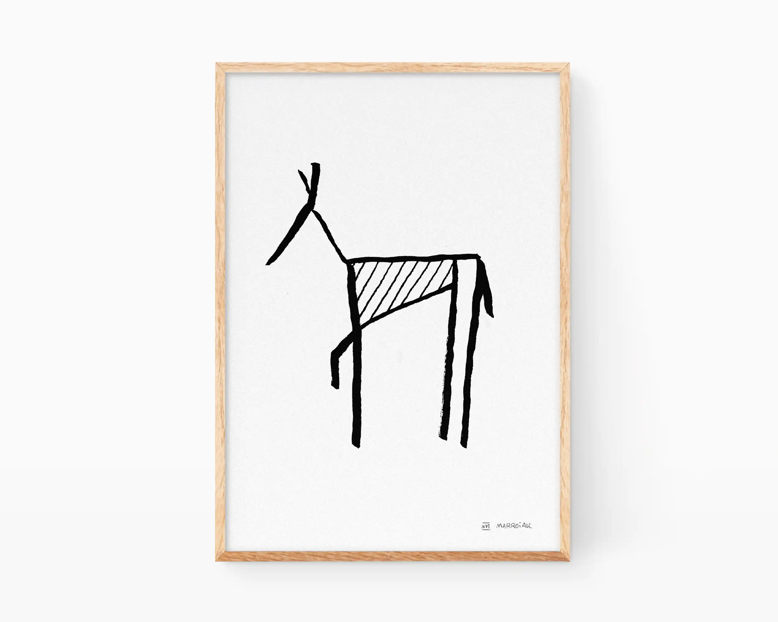 Print with an illustration of a minimalist horse drawn in black and white. Primitive style plates and rock art.