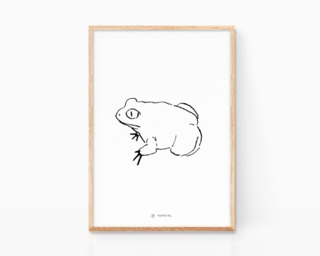 Illustrazione in bianco e nero di una rana comune. Stile minimalista, abbozzato. Inchiostro su carta.