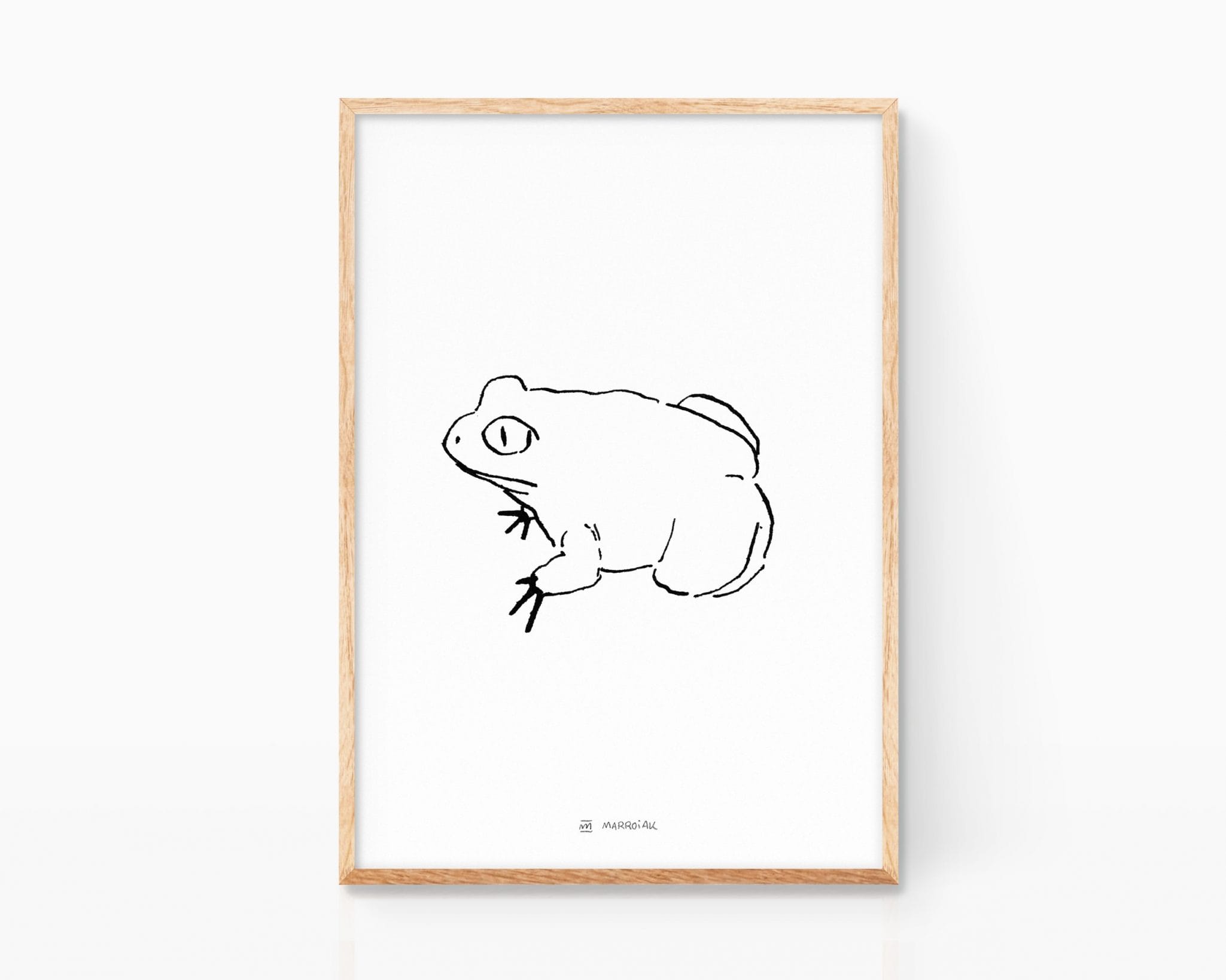 Illustrazione in bianco e nero di una rana comune. Stile minimalista, abbozzato. Inchiostro su carta.