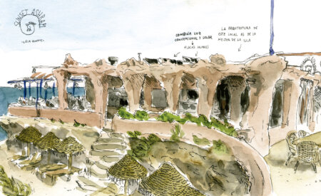 Dibujo en acuarela del restaurante sunset ashram ibiza. Urban sketchers