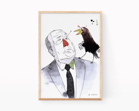 Cuadro decorativo alfred hitchcock. Retrato en blanco y negro y acuarela del cineasta de películas de suspense. Ilustración exclusiva