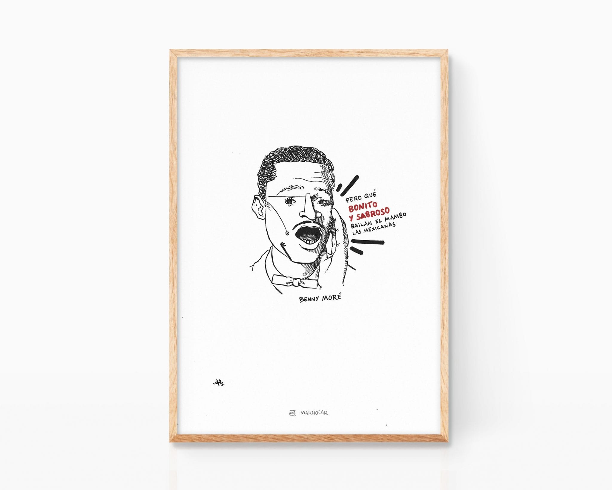Stampa raffigurante il ritratto del musicista cubano Benny Moré. Illustrazione in bianco e nero. Arte grunge e punk.
