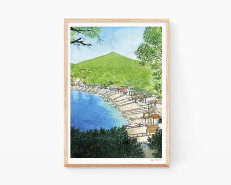 Drawings of Ibiza. Decorative print to frame with an illustration of a watercolor landscape of the beach of Sa Caleta on the island of Eivissa. Municipality of Sant Josep de Sa Talaia. Paintings not based on photos. Artistic poster of Marroiak