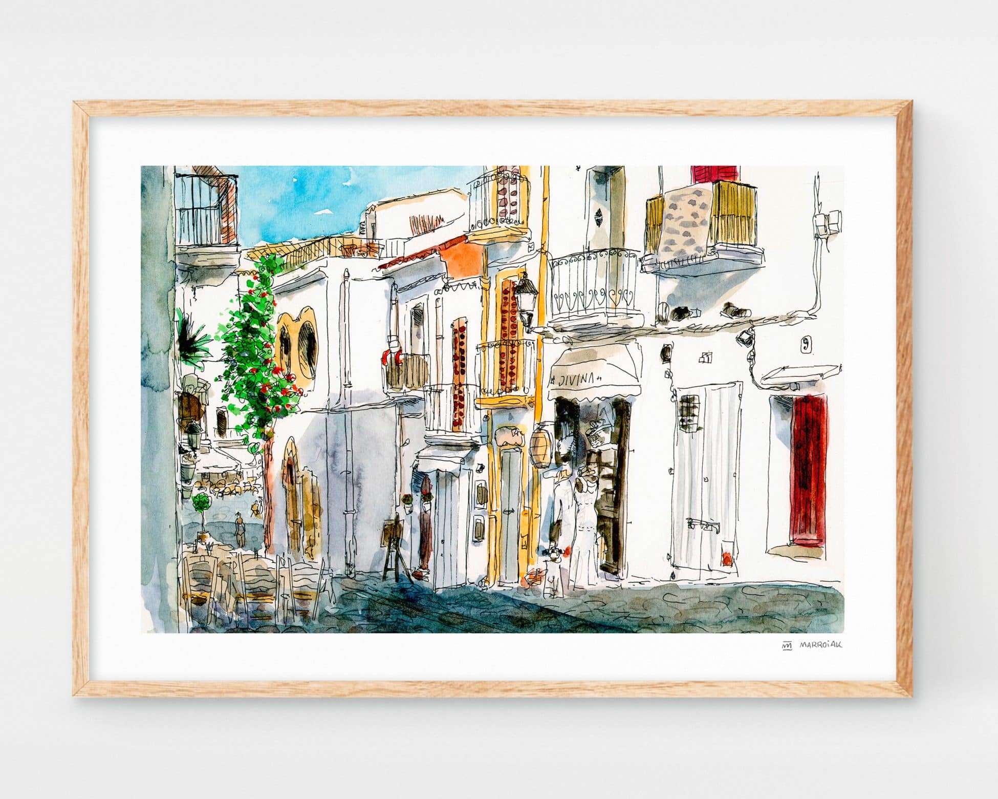 Santa Creu Street at Ibiza Dalt Vila. Watercolor illustration art print