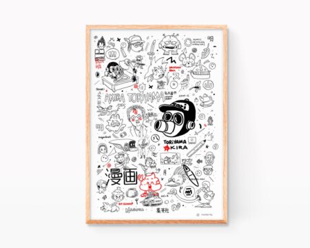 Illustration Akira Toriyama Original graphic work by handmade silkscreen printing with the drawings of the mangaka Akira Toriyama and his various characters such as Son Goku, Arale, Dragon Ball, Dr Slump... Urban art style, manga and Japanese comics. Pop Art