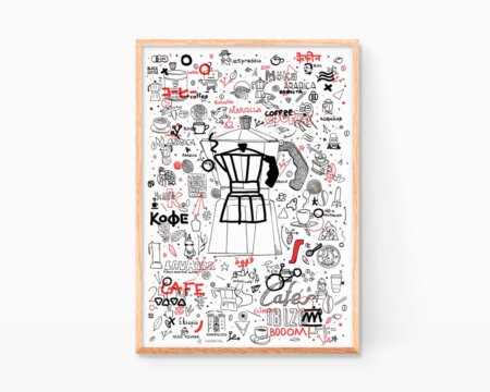 Opera grafica originale, serigrafata a mano, raffigurante il disegno di una caffettiera e vari scarabocchi legati alla cultura del caffè. Illustrazione in bianco e nero e rosso.