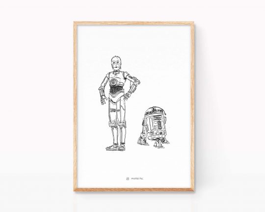 R2D2 and C3PO wall art print. Star Wars illustration posters