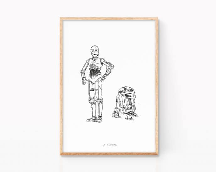 R2D2 and C3PO wall art print. Star Wars illustration posters
