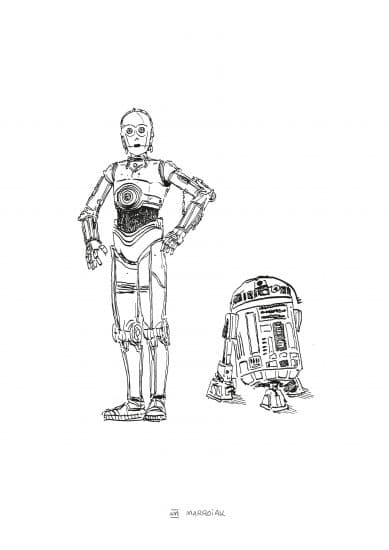 c3po r2d2 black and white drawing