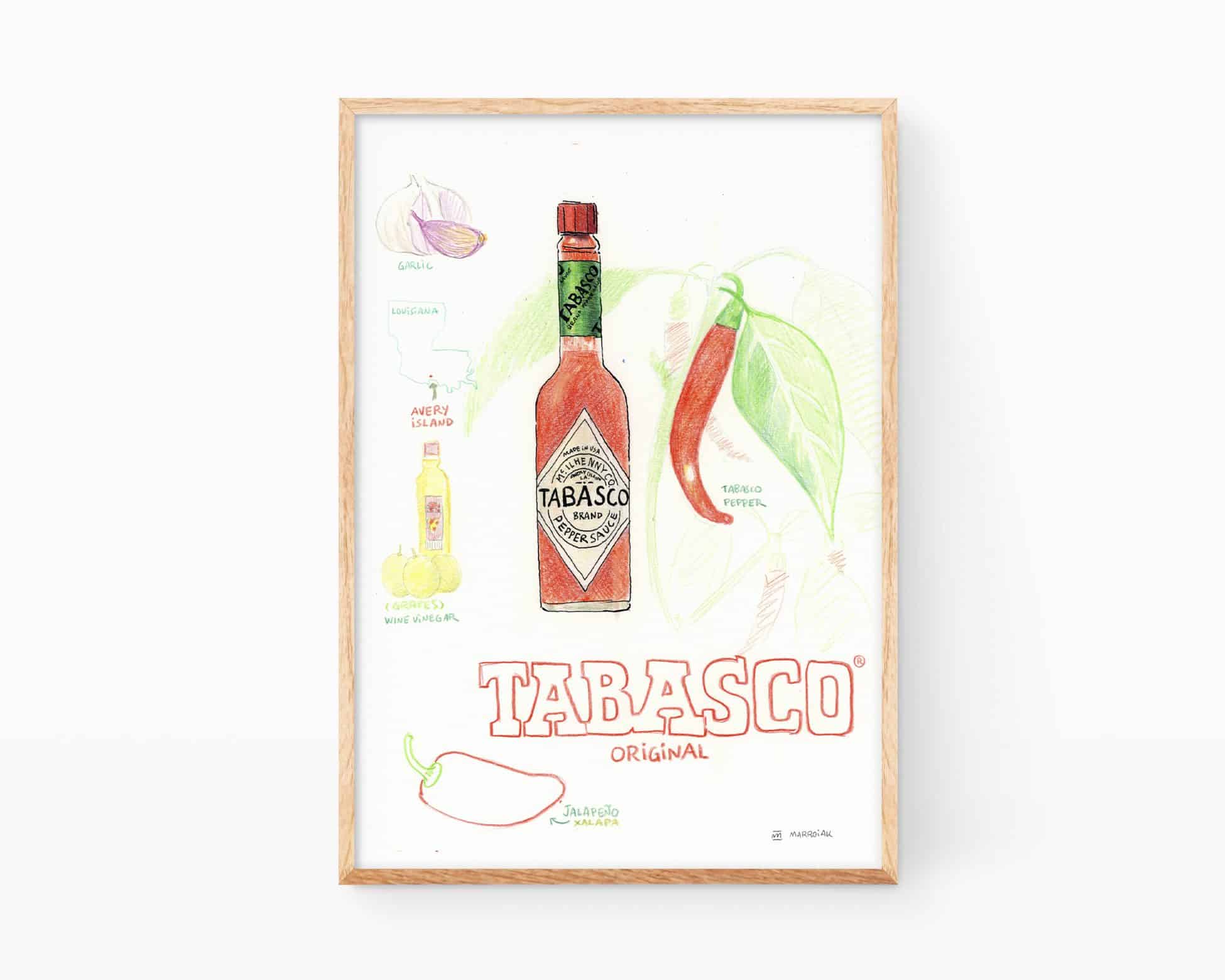 Tabasco watercolor illustration print. Kitchen decor recipes