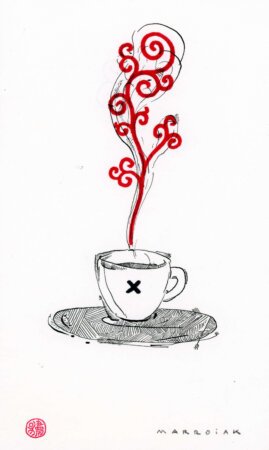 Cup of coffee with red smoke