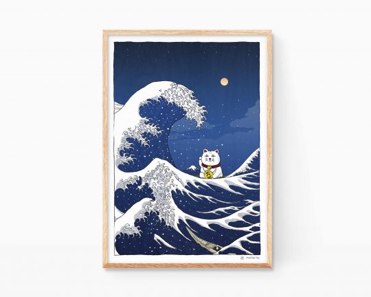 The Great Wave off kanagawa Remix - Katushika hokusai and the maneki neko. Signed giclée print of an ukiyo-e illustration