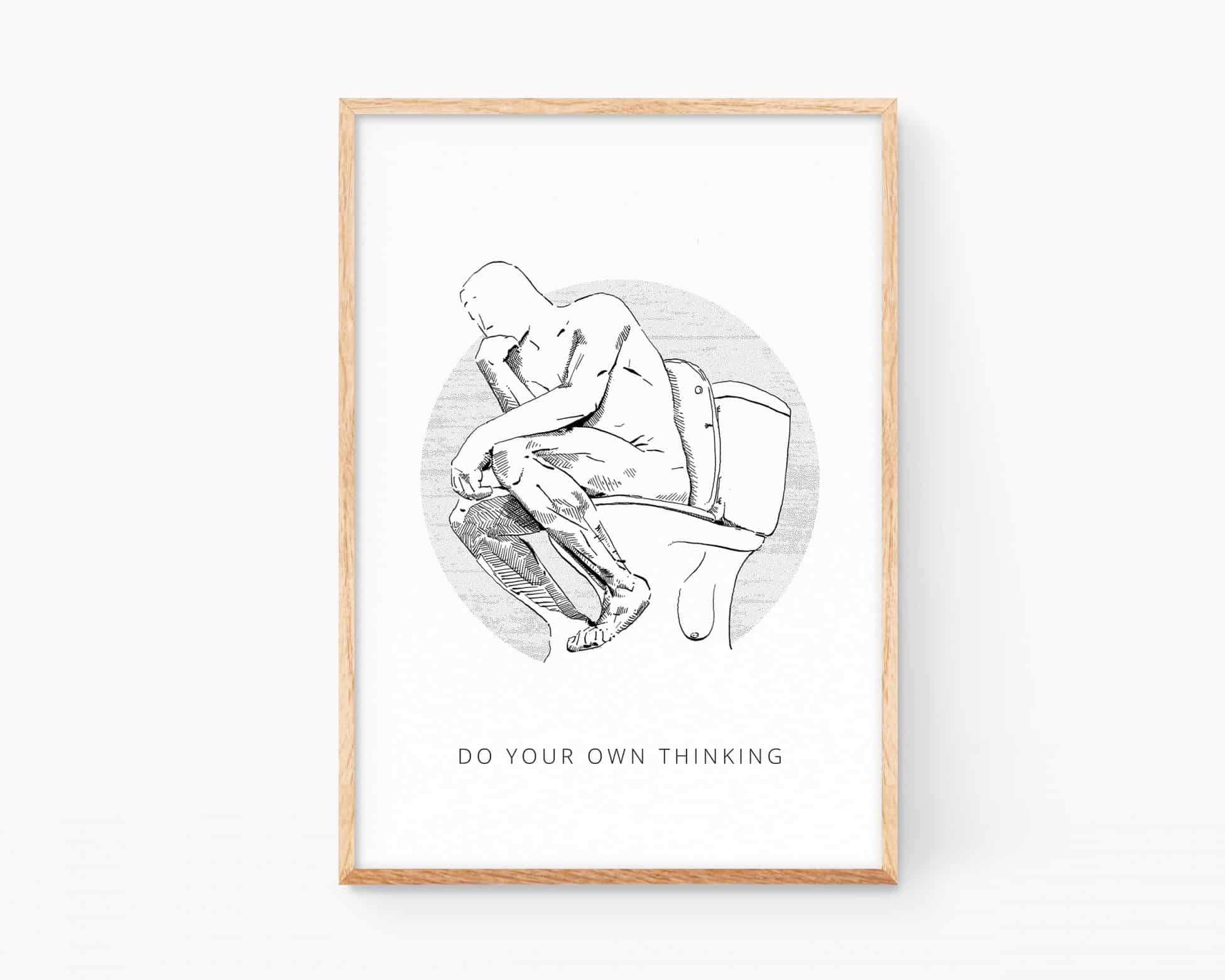 The thinker by Rodin, black and white illustration print. Funny poster for bathrooms.