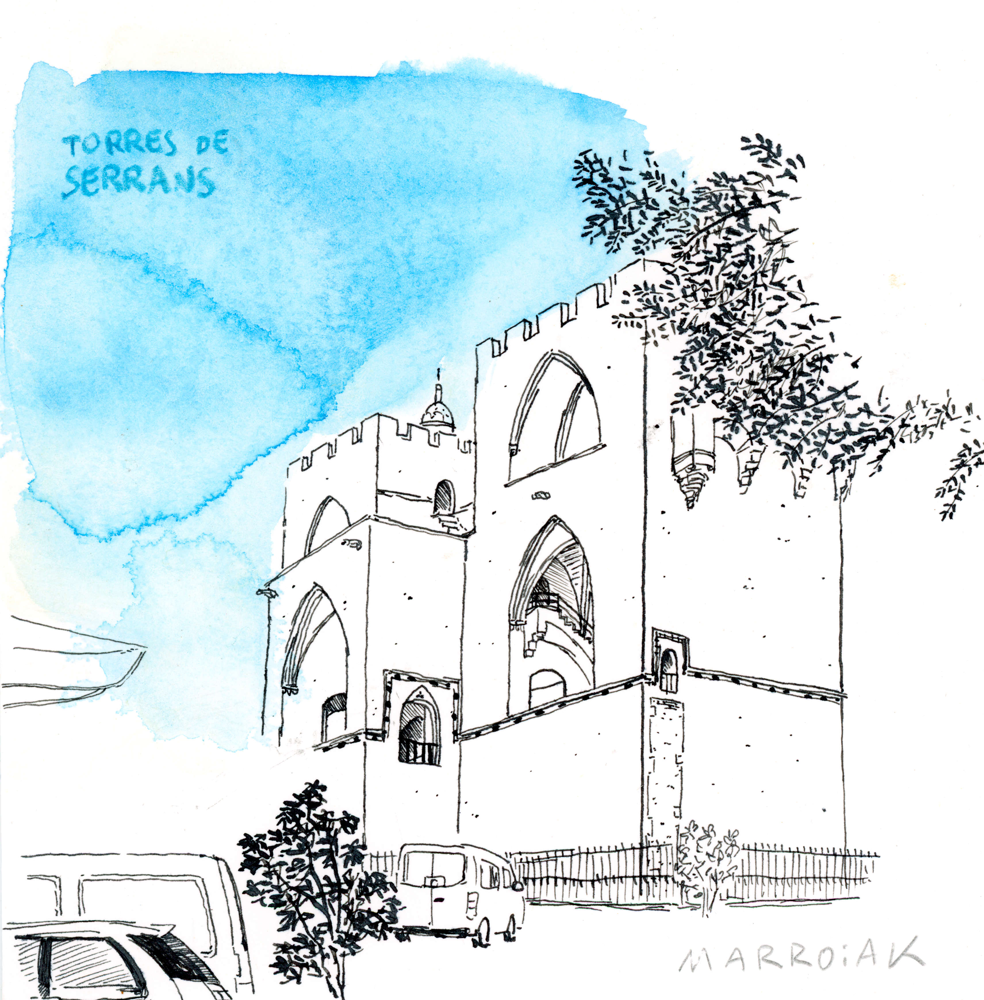 Torri Serrans, Valencia, disegno a inchiostro e acquerello