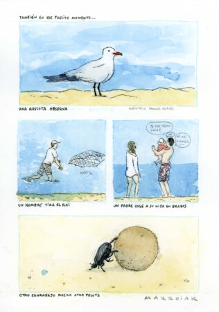 una gaviota y varias cosas en el mar acuarela original detalles