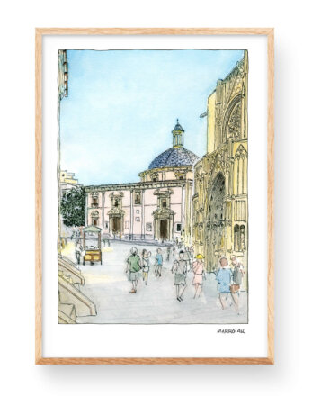 Stampa con un'illustrazione di un paesaggio di Plaza de la Virgen nel quartiere Carmen di Valencia. Immagini con disegni della Comunità Valenciana nello stile degli Urban Sketchers. Poster artistico di Marroiak.