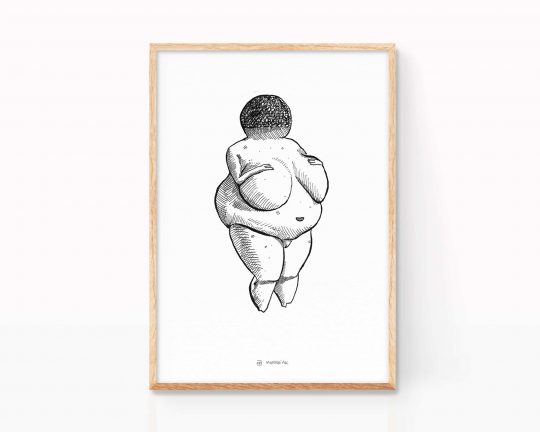 Venus of Willendorf black and white illustration print. Primitive art posters