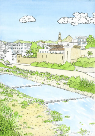 view of Gandia from the original bridge watercolor at auction