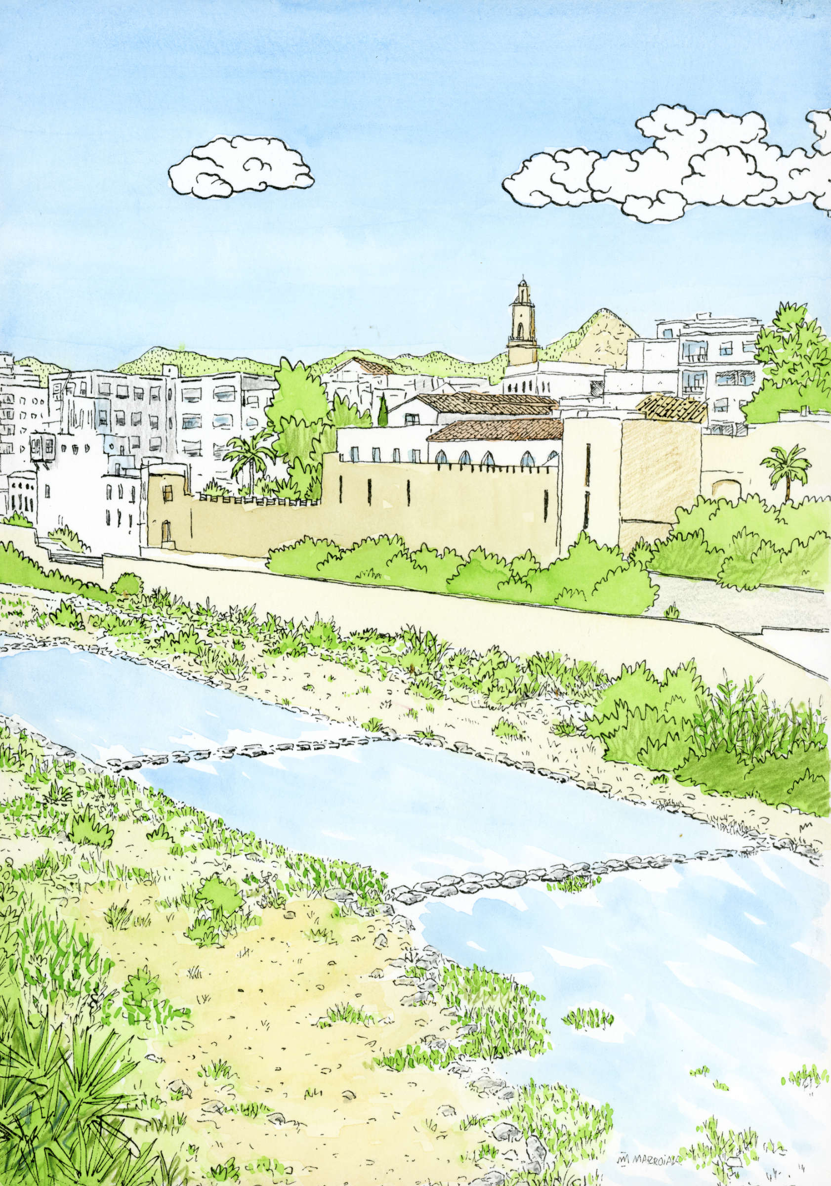 Veduta di Gandia dal ponte, acquerello originale in vendita all'asta